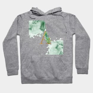 Letter A Gold Monogram with Leaves Green Watercolor Slats Graphic Design Hoodie